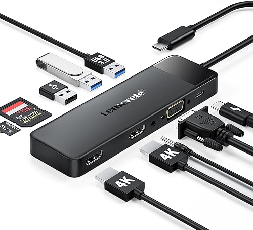 Lemorele Estación de acoplamiento USB C para laptop, adaptador de monitores de pantalla triple 10 en 1 con HDMI dual 4K, VGA 1080P, 3 USB3.0/2.0,