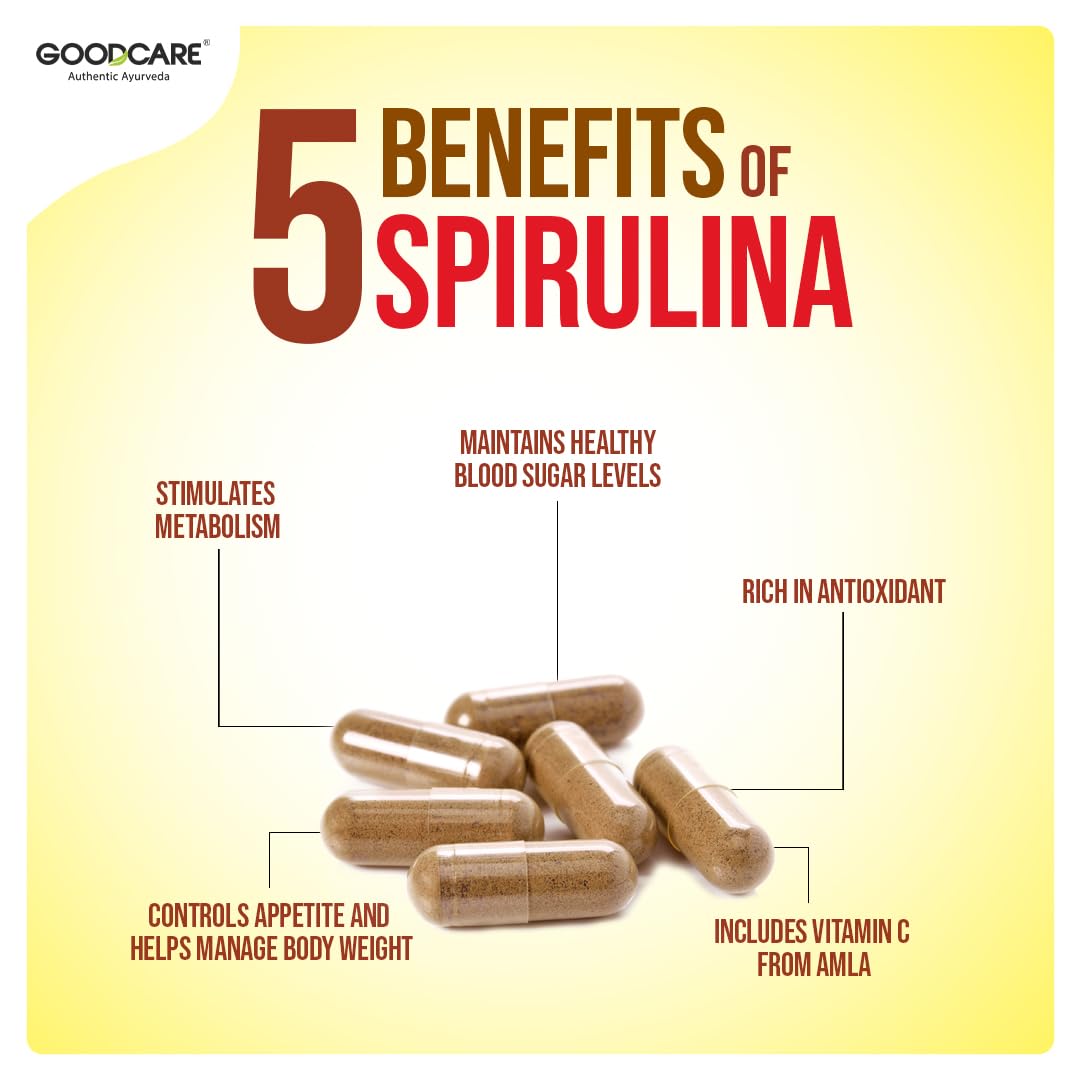 Goodcare Spirulina Plus 60 Capsules | Ayurvedic Superfood with Amla & Vitamin C | Boosts Energy, Immunity & Metabolism | Supports Weight Management - Image 3 thumbnail