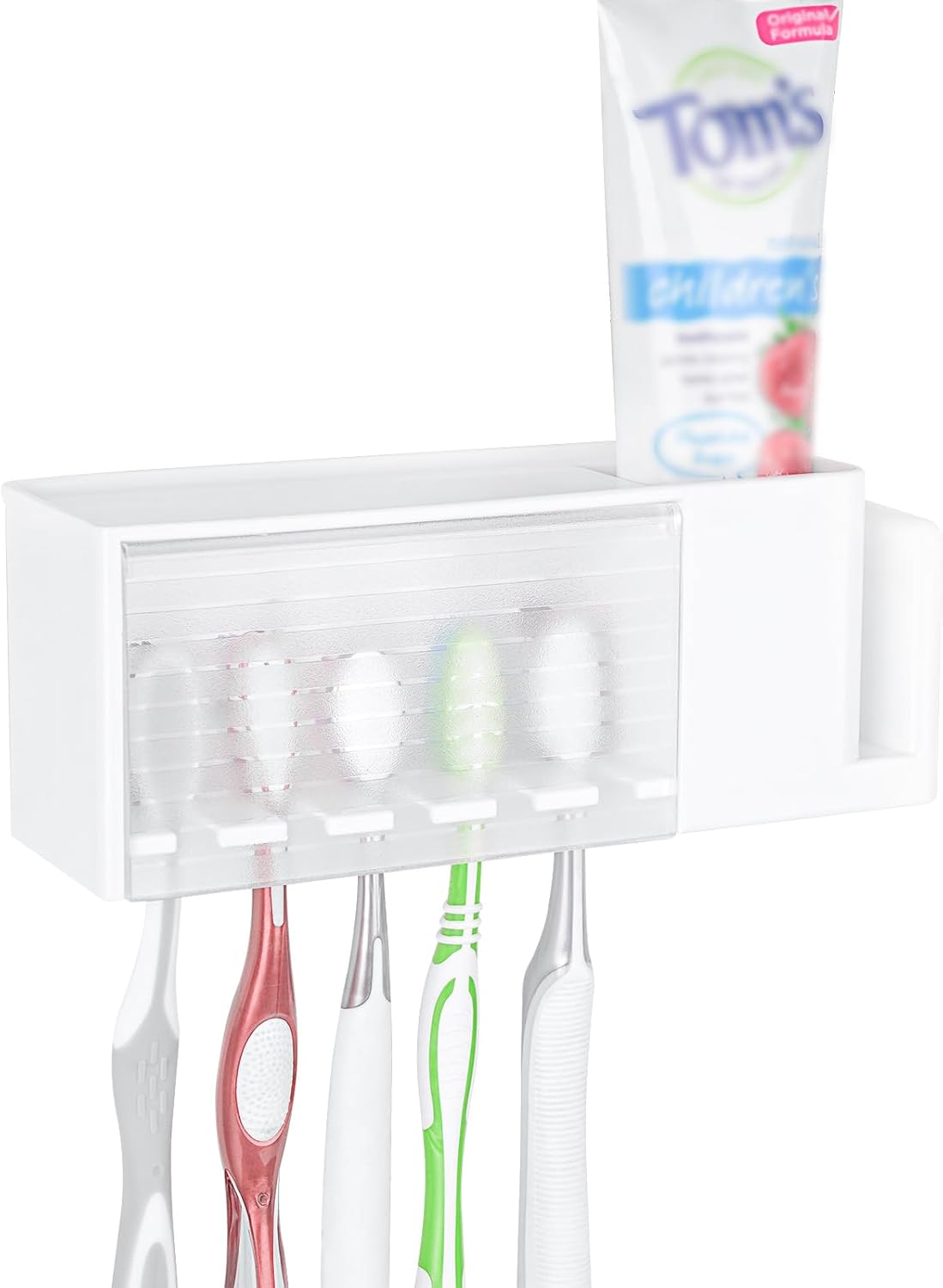Linkidea 5 Slots Wallmount Toothbrush Holder with Cover for Shower, Plastic Multifunctional Toothpaste Toothbrush Organizer Compatible with Oral-B Cross Action, Colgate Renewal(White)
