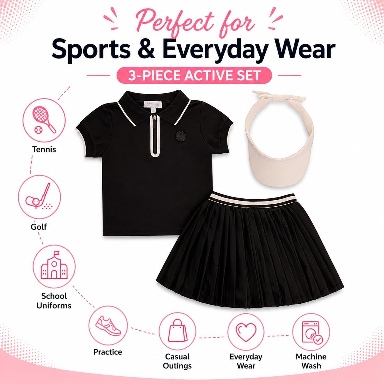 BTween Active Girls Polo Shirt & Tennis Skort Set – Short Sleeve Quarter Zip Polo Top with Pleated Skort