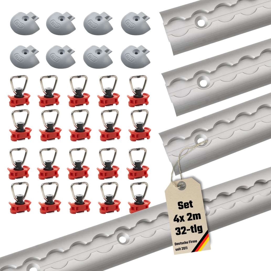 Set di avviamento per guide aeree, 32 pezzi, 4 x 2 m semicircolari, con 20 raccordi e 8 tappi terminali, binario di ancoraggio in alluminio anodizzato per furgoni, rimorchi e camper (rosso) | Guide anodizzate