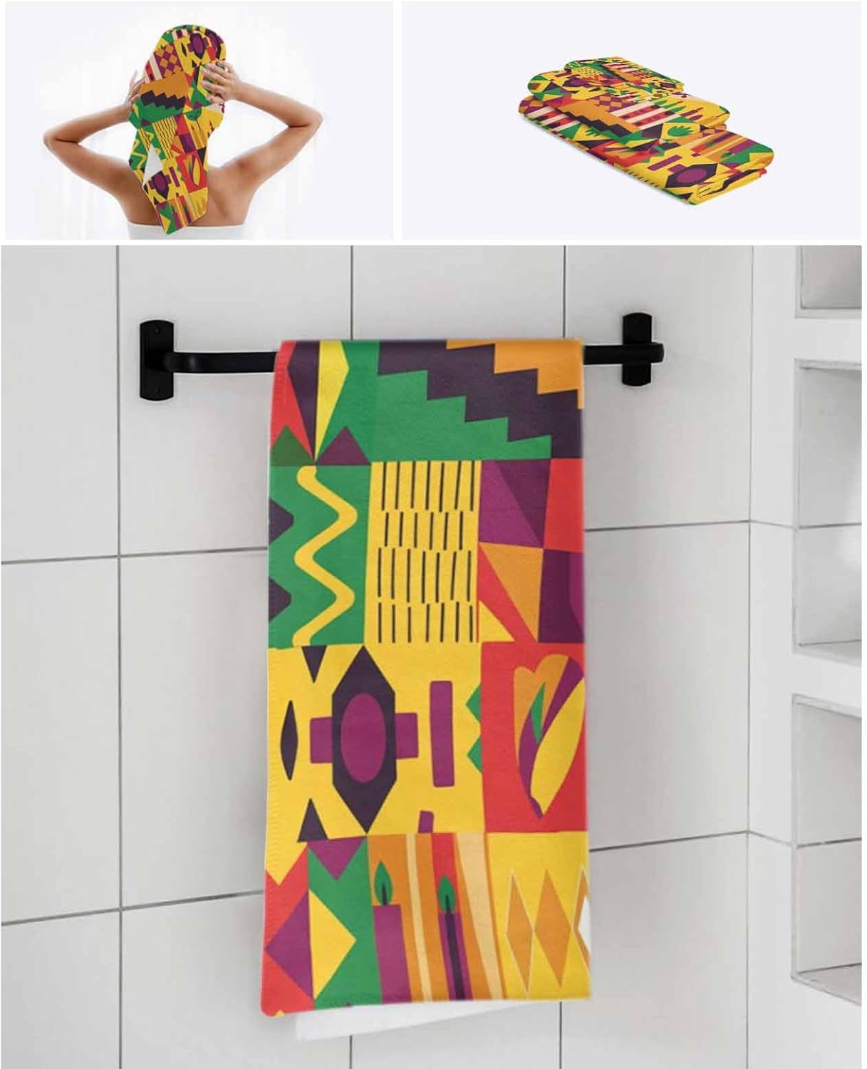 African American Party Month Towel Sets for Bathroom,Microfiber Bath Kitchen Beach Hair Hand Yoga Dish Towels and Washcloths,Black Day History Geometric Quick Dry Towels+Set Accessories Decor
