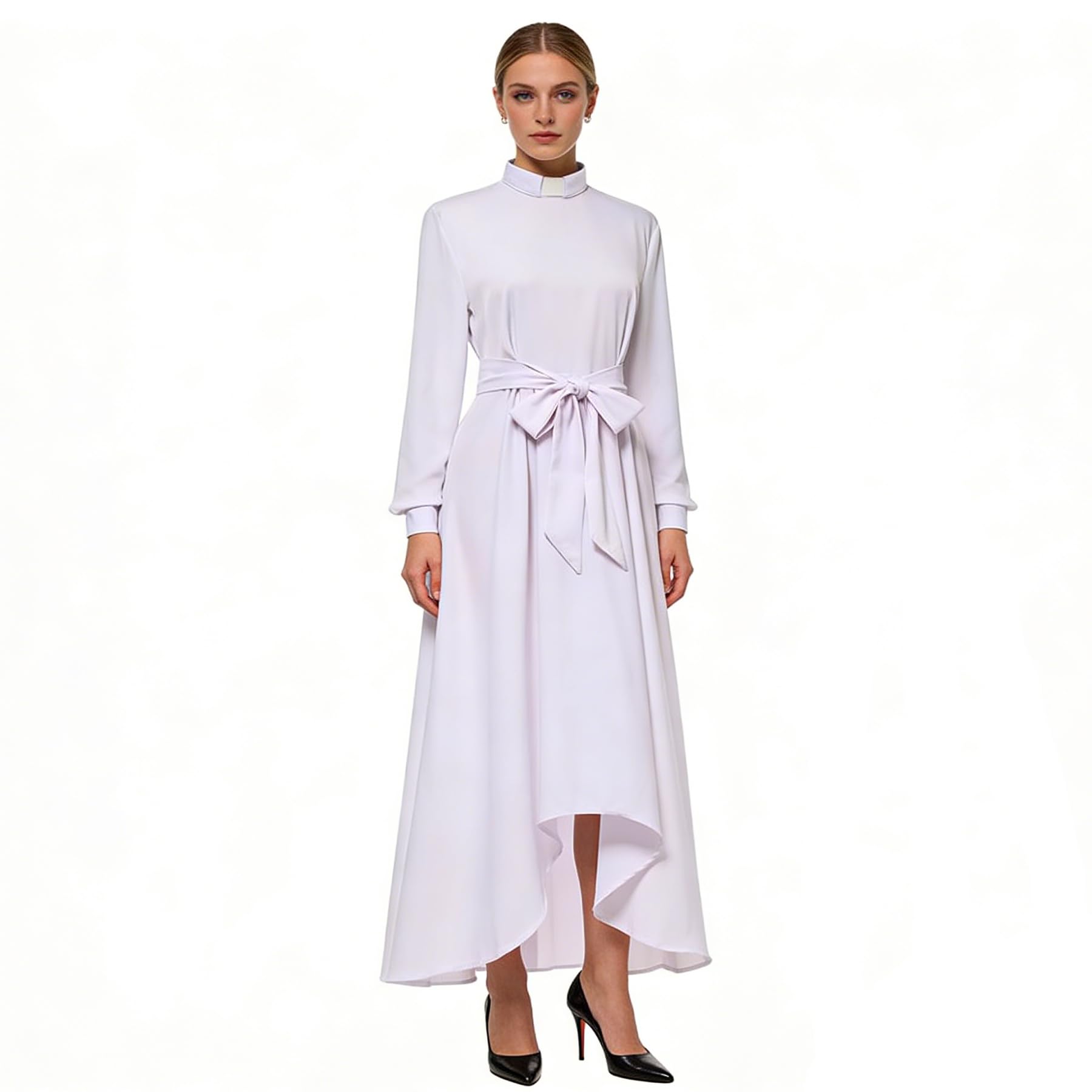 Sukienka kościelna dla kobiet z długim rękawem, luźna, elegancka sukienka maxi dla duchownych z zakładką, kołnierz i paski, biały, M