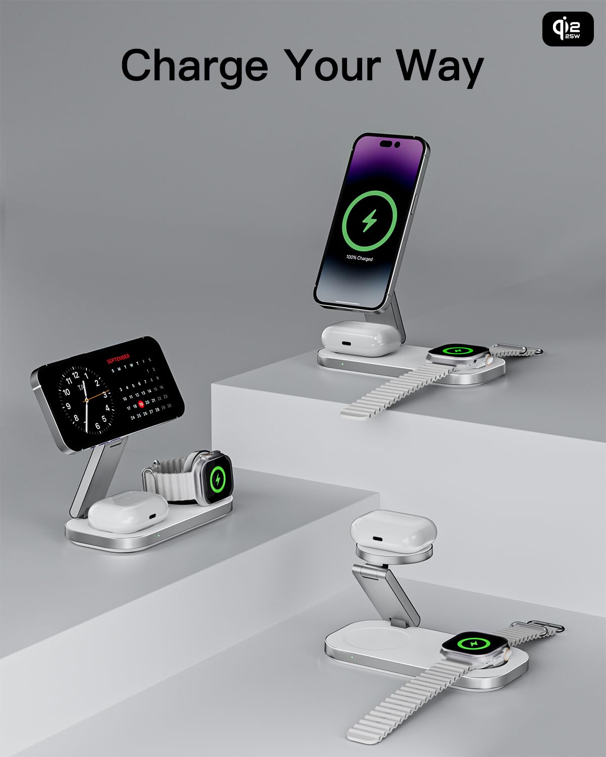 Qi2 25W Estación de Carga 3 en 1 para Apple, Soporte Plegable de Carga Rápida Magnética Compatible con mag-Safe para iPhone 17e/17/16/15/14/13/12/Air, Apple Watch y AirPods Pro/4/3/2-Blanco