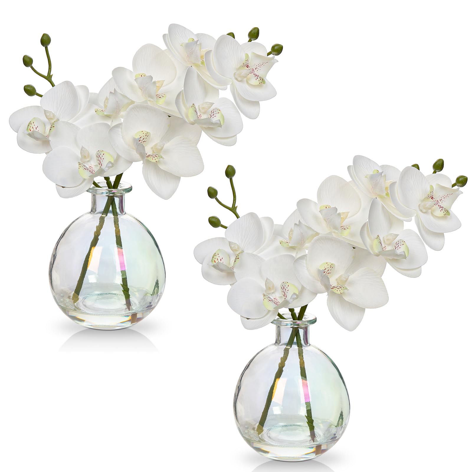 2 pcs Künstliche Orchideen Weiß mit Schillernd Glasvase, Kunstpflanze Decor Orchidee Kunstblumen im vase mit Real Touch Blüten, Gefälschte Orchideen künstliche Bonsai für Hotel Wohnzimmer Büro Küche