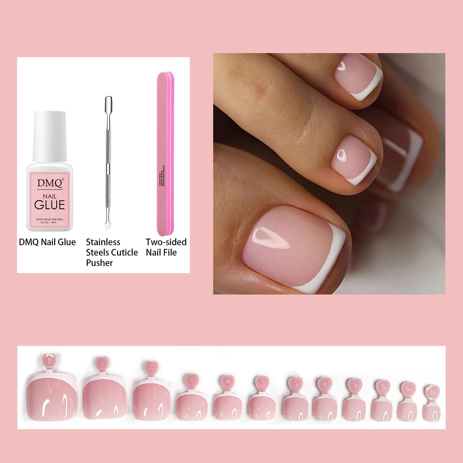 French Fake Toe Nails Set, 120PCS Square False Toenails Short, White French Tip Pink Press on Toenails - Image 2