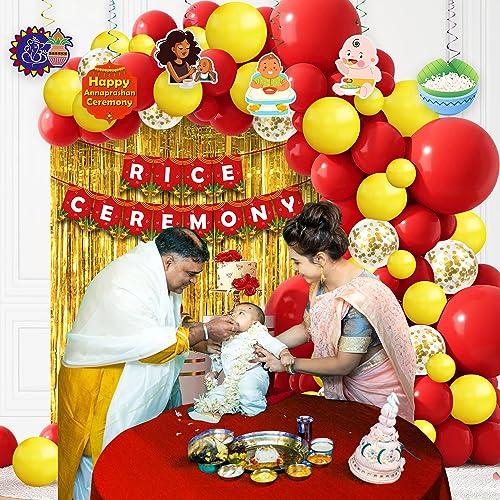 Image of Party Propz Baby Rice Ceremony Decorations Items - 49Pcs Baby Annaprashan Decoration Items, Yellow and Red Balloons For Decoration with Annaprashan Banner, Annaprashan Swirls with Cutout, Foil Curtain