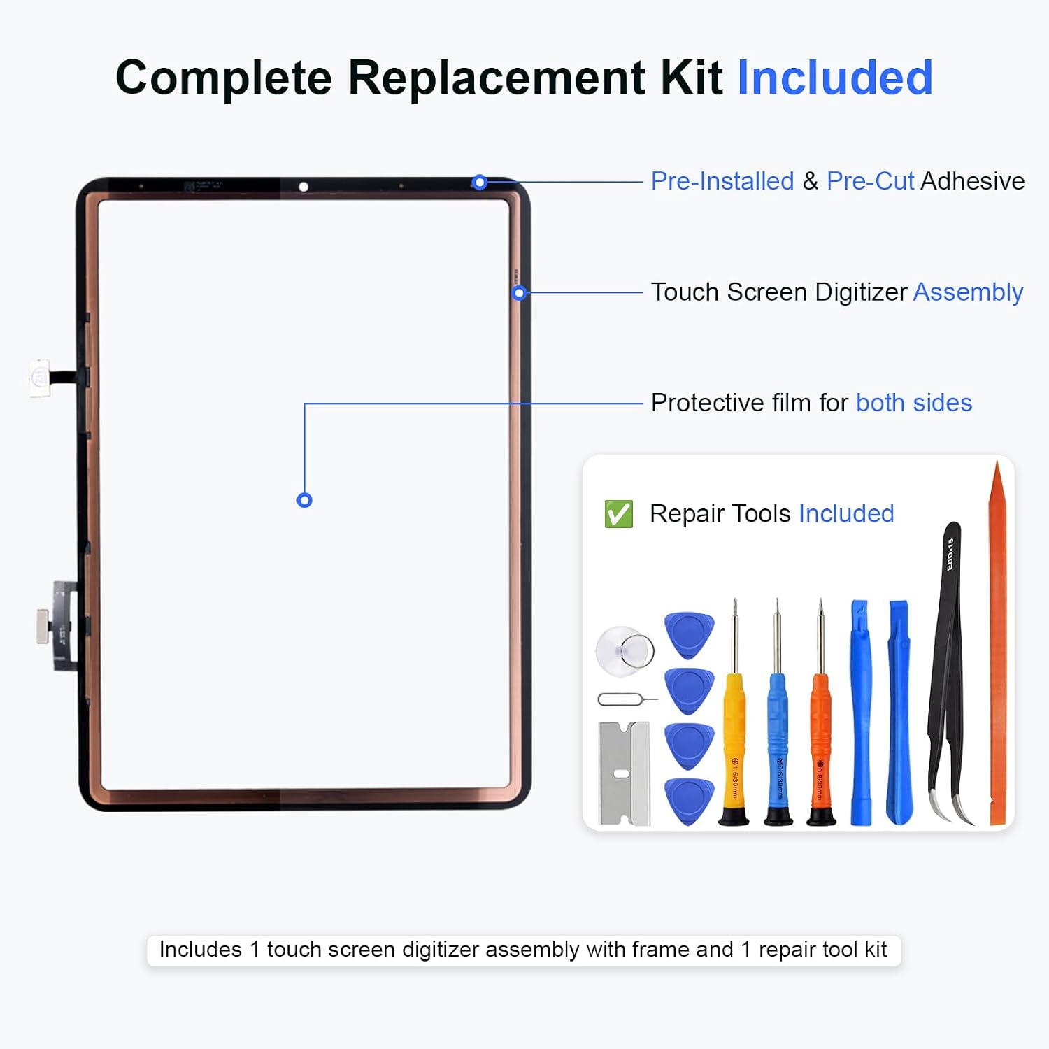 Screen Replacement for iPad Air 4th Gen 10.9 Inch 2020, Glass Digitizer No LCD, Supports Pencil, Pre Installed Adhesive, OCA, Tools, Models A2316, A2324, A2325, A2072 Black