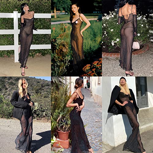 Image of Suillty Women Mesh Sheer Spaghetti Strap Long Maxi Dress Sexy Sleeveless Backless Beach Swimsuit Cover Ups Party Club Dresses Black