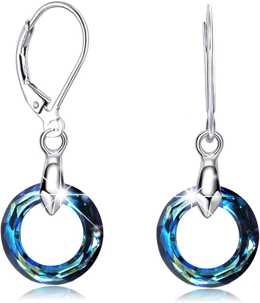 Hermosa 925 Sterling Silver Circle Dangle Earrings Austrian Crystals Hypoallergenic Leverback Jewelry for Women Mom