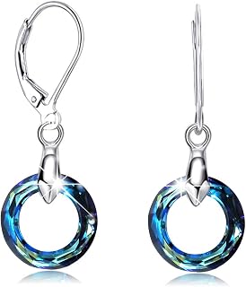 Hermosa 925 Sterling Silver Circle Dangle Earrings Austrian Crystals Hypoallergenic Leverback Jewelry for Women Mom