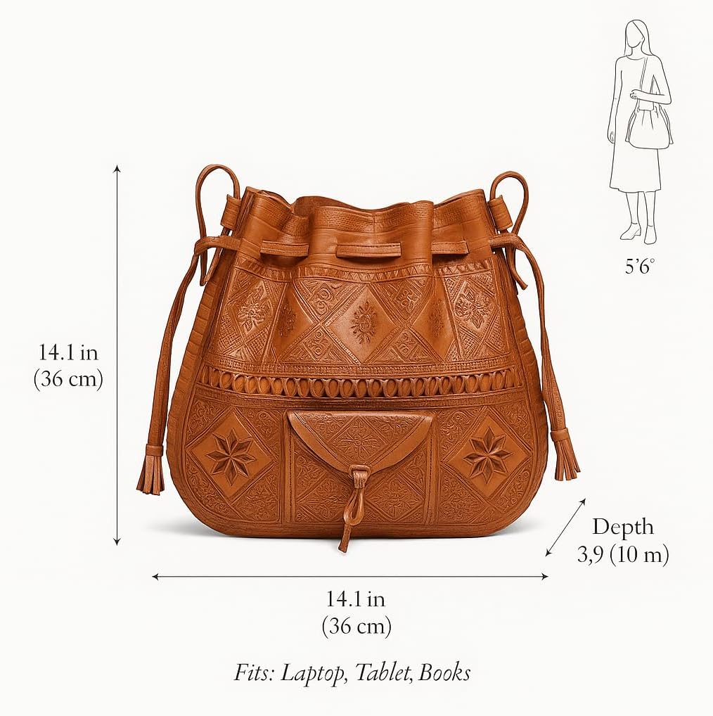 Moroccan Leather Bucket Bag, Handmade Boho Crossbody Drawstring Purse for Women - Image 5
