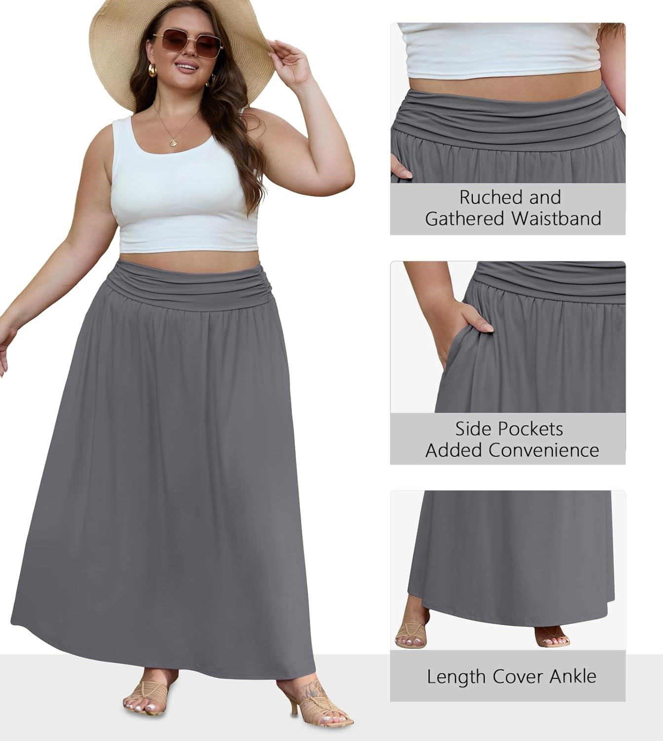 OLRIK Plus Size Maxi Skirt with Pockets 2026 Summer Elastic High Waisted A-Line Flowy Long Skirts - Image 5