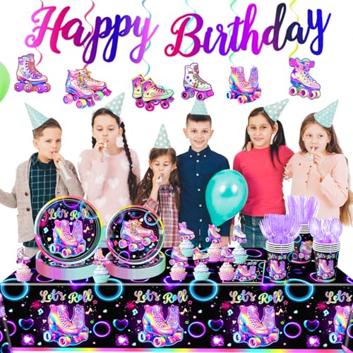 Image of LINHAXM 3 Pack Roller Skating Tablecloths, Roller Skating Party Decorations, Let's Roll Tablecloth for Roller Skate Birthday Party Decorations, 54 x 108 Inch
