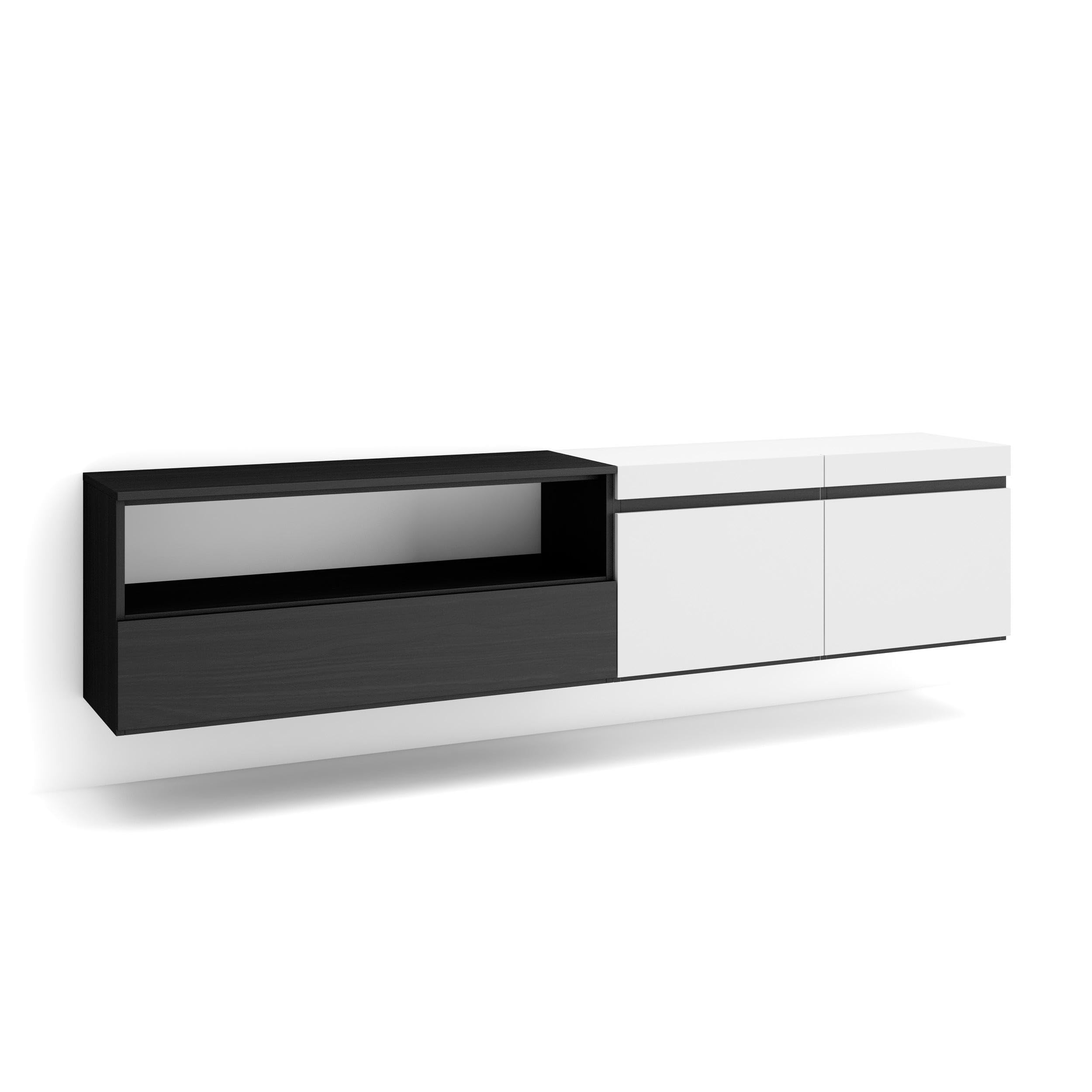 Meuble TV suspendu blanc et noir 200cm pour meubler un grand mur