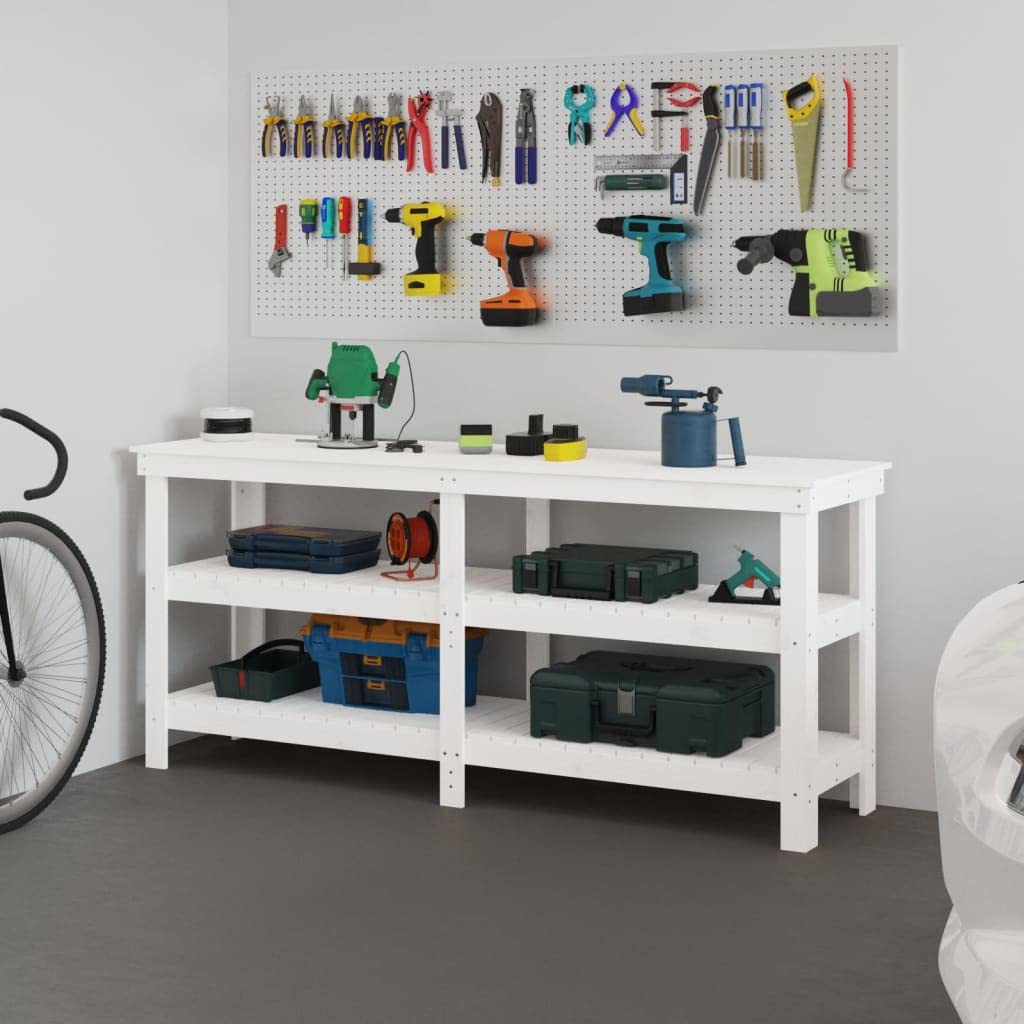 Banco da lavoro bianco in legno di pino massiccio, 181 x 50 x 80 cm, con molto spazio e ripiano, tavolo da lavoro stabile per officina, garage, cantina, tavolo per hobby e bricolage