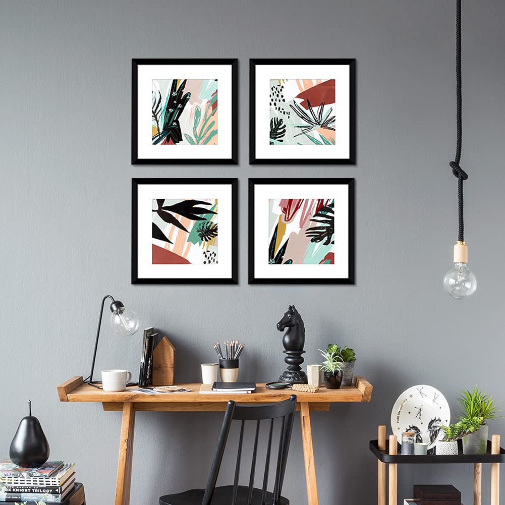 ArtbyHannah 10x10 Inch Abstract Wall Art Framed with Black Frames and Tropical Plant Prints for Bedroom or Home Decor, Set of 4