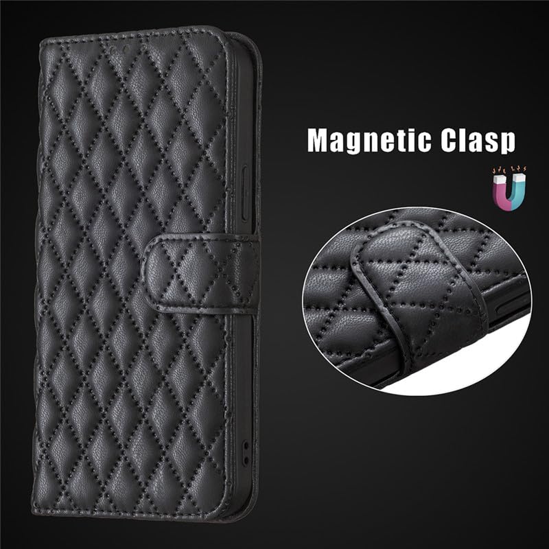 Image of ClickCase for iPhone 15 Plus Puffer Bubbly Soft Faux Leather Back Case Magnetic Wallet Flip Cover for iPhone 15 Plus (Black)