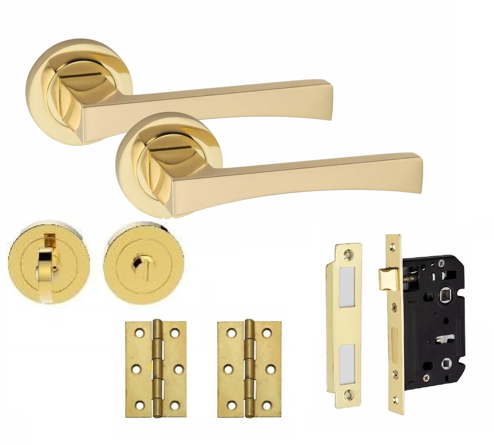 Golden Grace Wave Design Bathroom WC Toilet Door Handles Set on Round Rose in Electro Brass Finish with 64mm Bathroom Mortise Lock, 3" Standard Butt Hinges & Thumbturn