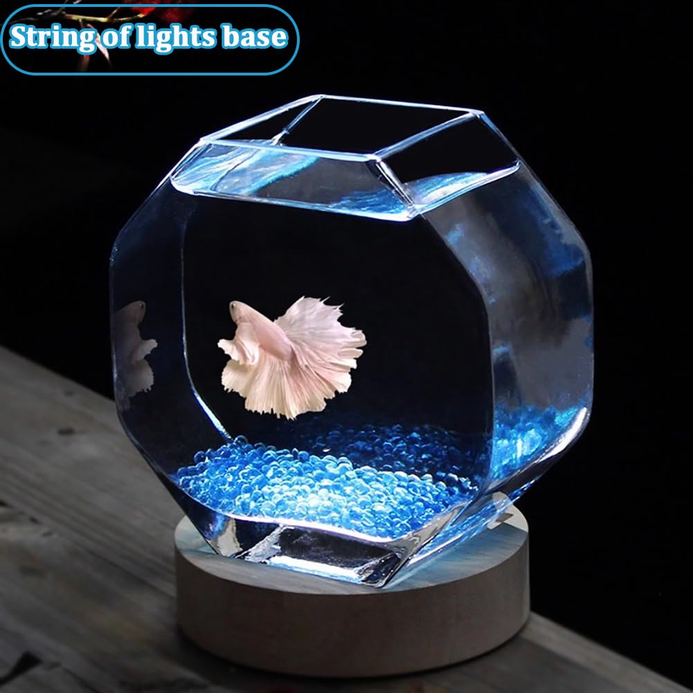 Piccolo Acquario da Tavolo per Uso Domestico, Vasca per Pesci Ottagonale in Vetro Ultra Trasparente, con Base per Lampada in Legno, Contenitore per L'allevamento di Pesci Betta,Small h