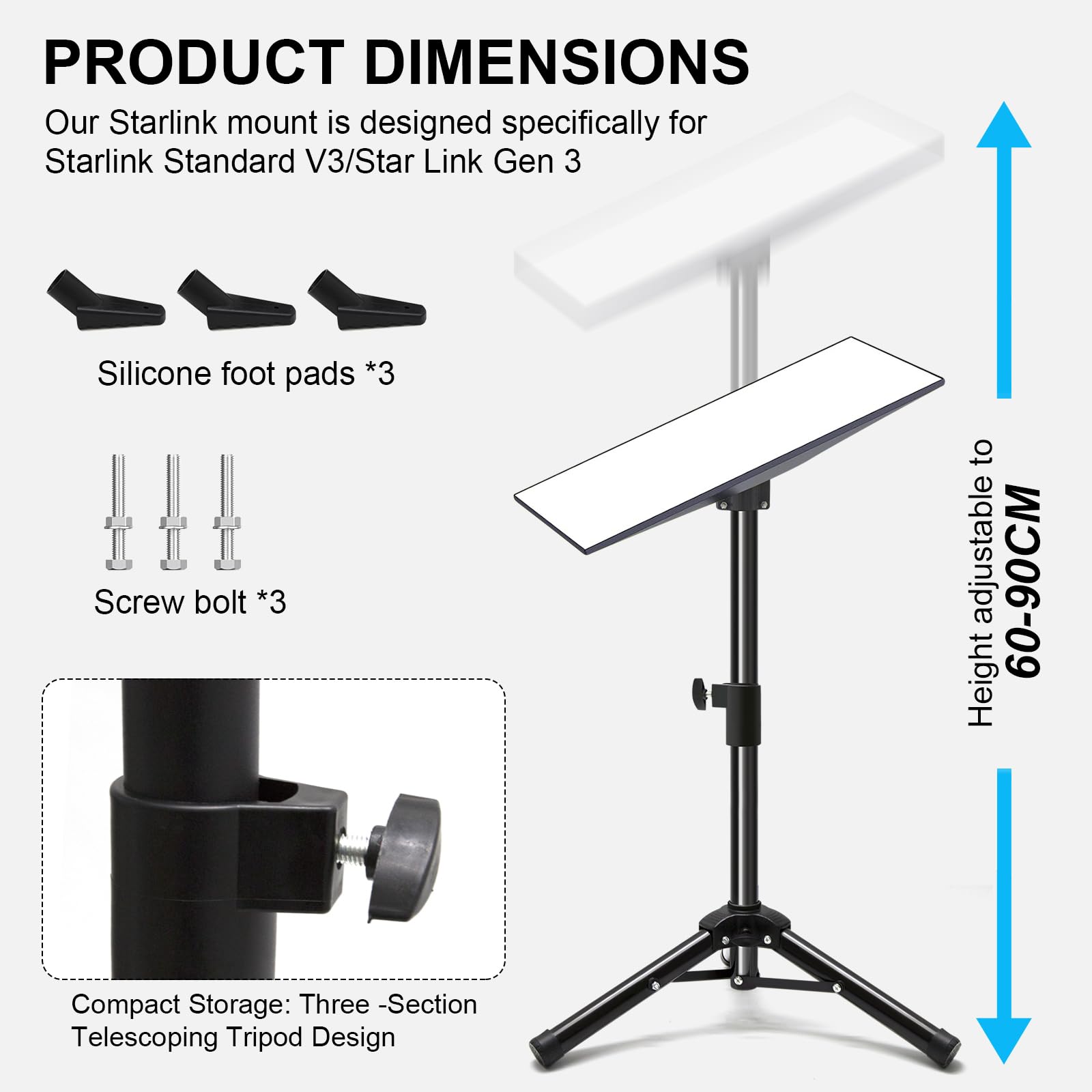 Gen 3 stojak na statyw, przenośny zestaw montażowy Gen 3, składany metalowy stojak na statyw Gen 3 z adapterem rurowym, kompatybilny z Starlink Mount Kit do V3 Dish