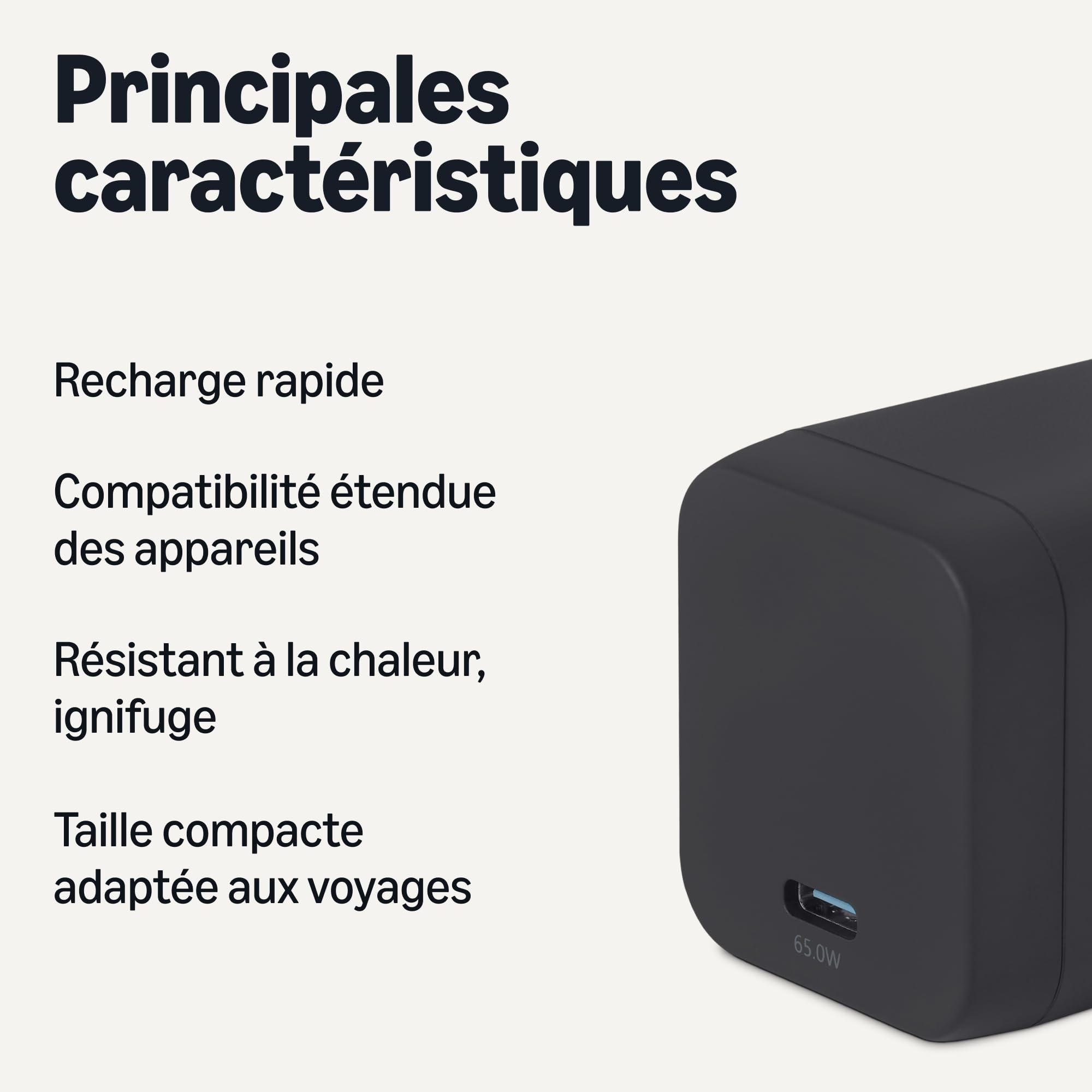 Amazon Basics Chargeur Mural USB C Nano GaN à Chargement Rapide, 65W, 1 Port, PD 3.1, Pour Ordinateurs Portables, Tablettes et Téléphones, Noir - 3