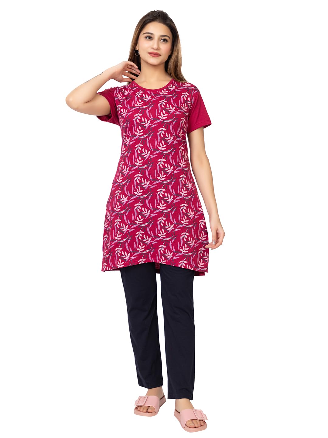 Summer Wear Everyday Wear Casual Wear Nightwear Wear Self Design Half Sleeve Round Neck Pure Cotton Women Night Suit (340 Rani-Grey)