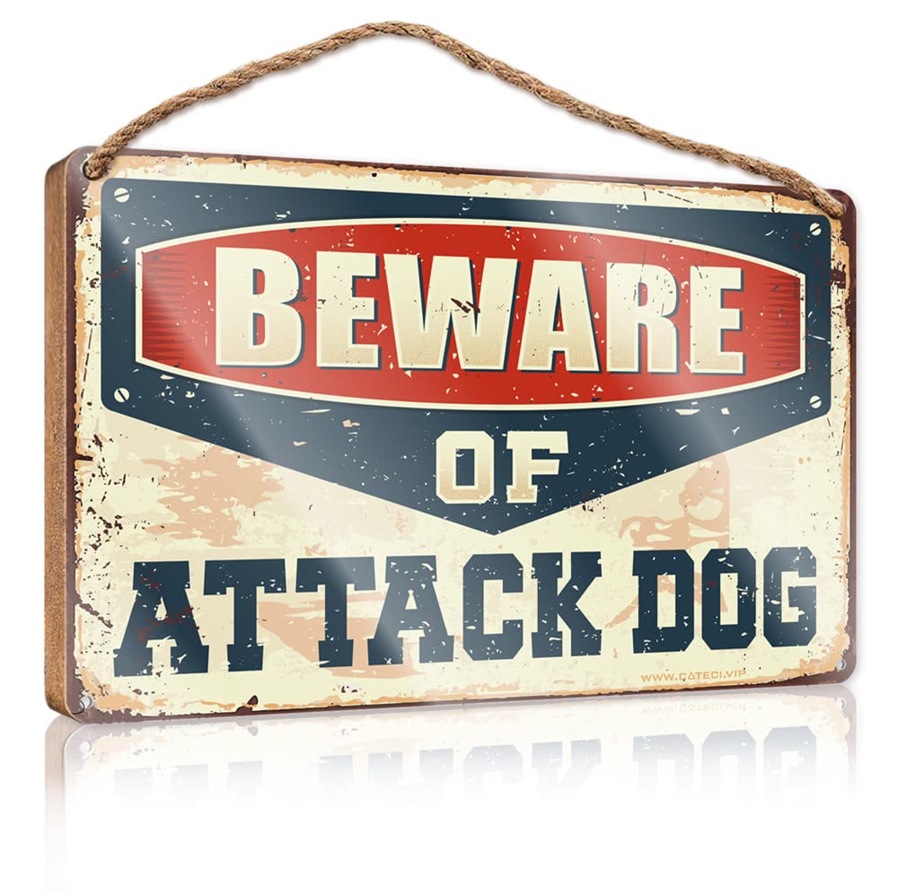 FZFN Door Decor Sign Beware Of Attack Dog Wooden Sign Vintage Decor Hanging Decor Wood(23X35CM)