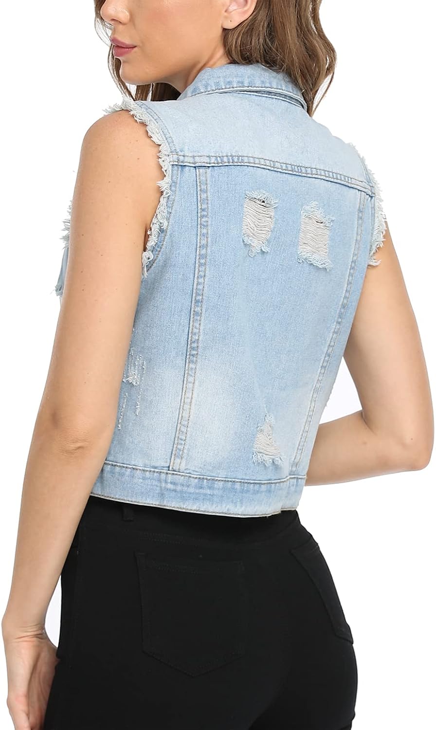 MISS MOLY Women's Ripped Denim Vest Cropped Distressed Classic Sleeveless Jean Vest Jackets With Flap Pockets - Image 5