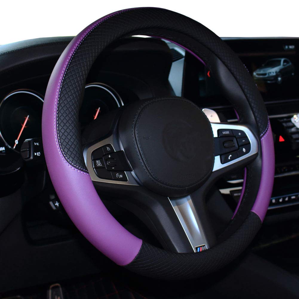SHIAWASENA Funda para Volante de automóvil, de Cuero, Ajuste Universal de 15 Pulgadas, Antideslizante y sin Olor (Negro y Morado)