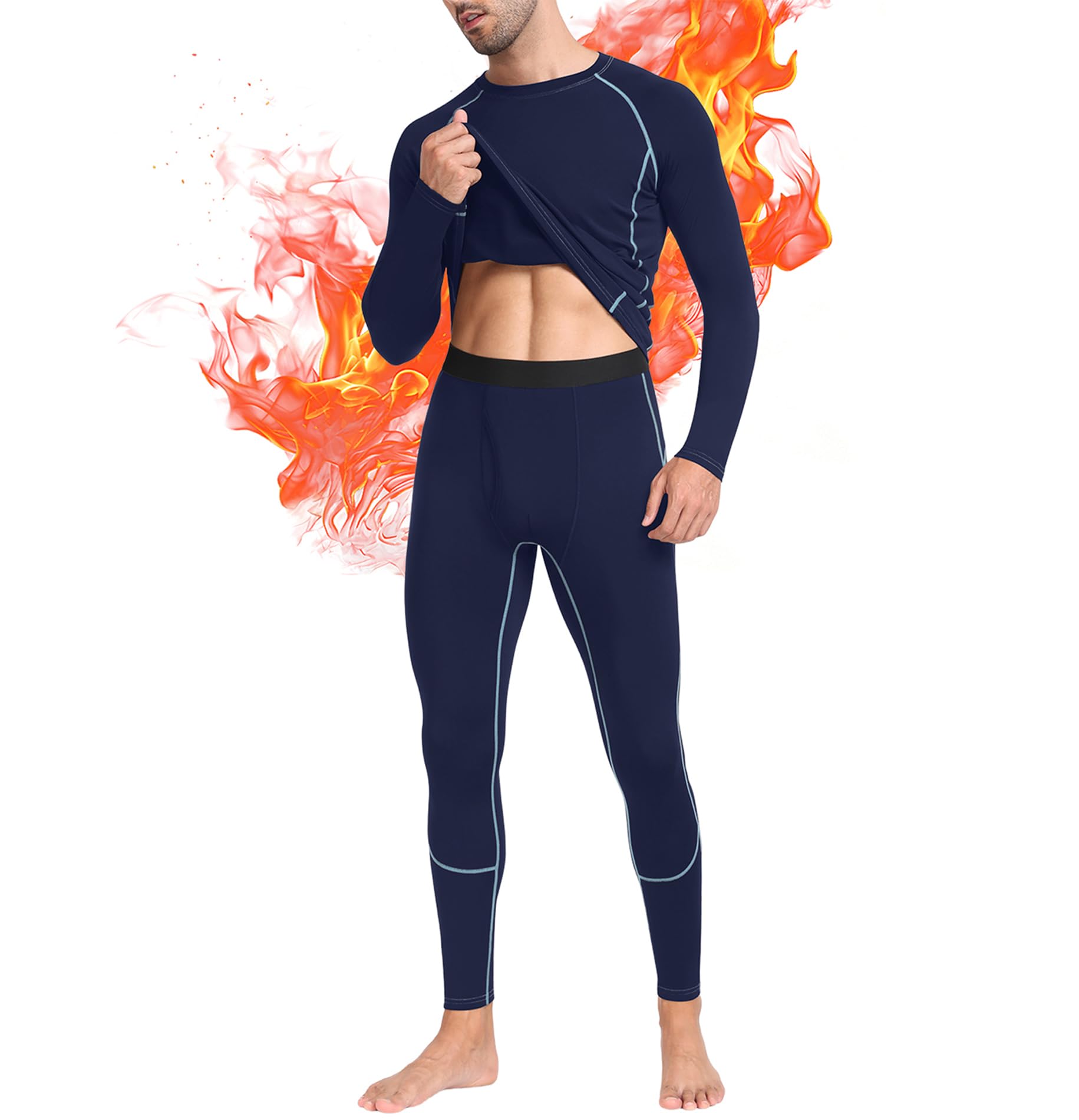 Thermal Underwear Set for Men Long Johns with Fleece Lined Base Layer for Workout Skiing Running Hiking Navy Blue