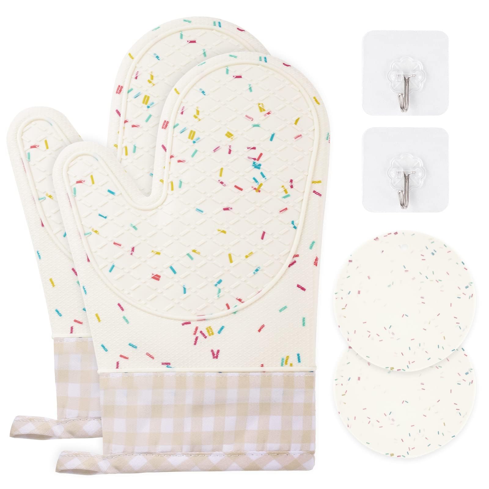 AUAUY 1 Pair Oven Gloves, Silicone, 1 Insulated Tablecloth, Cream White