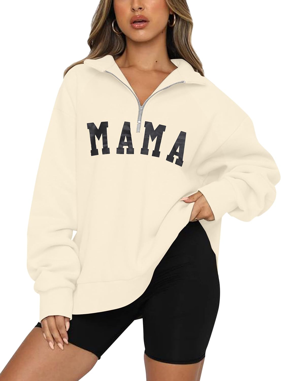 QLIPIN Mama Sweatshirt Women Mom Life Zip Up Pullover Lapel Half Zip Sweatshirts Mama Print Casual Loose Long Sleeve Top
