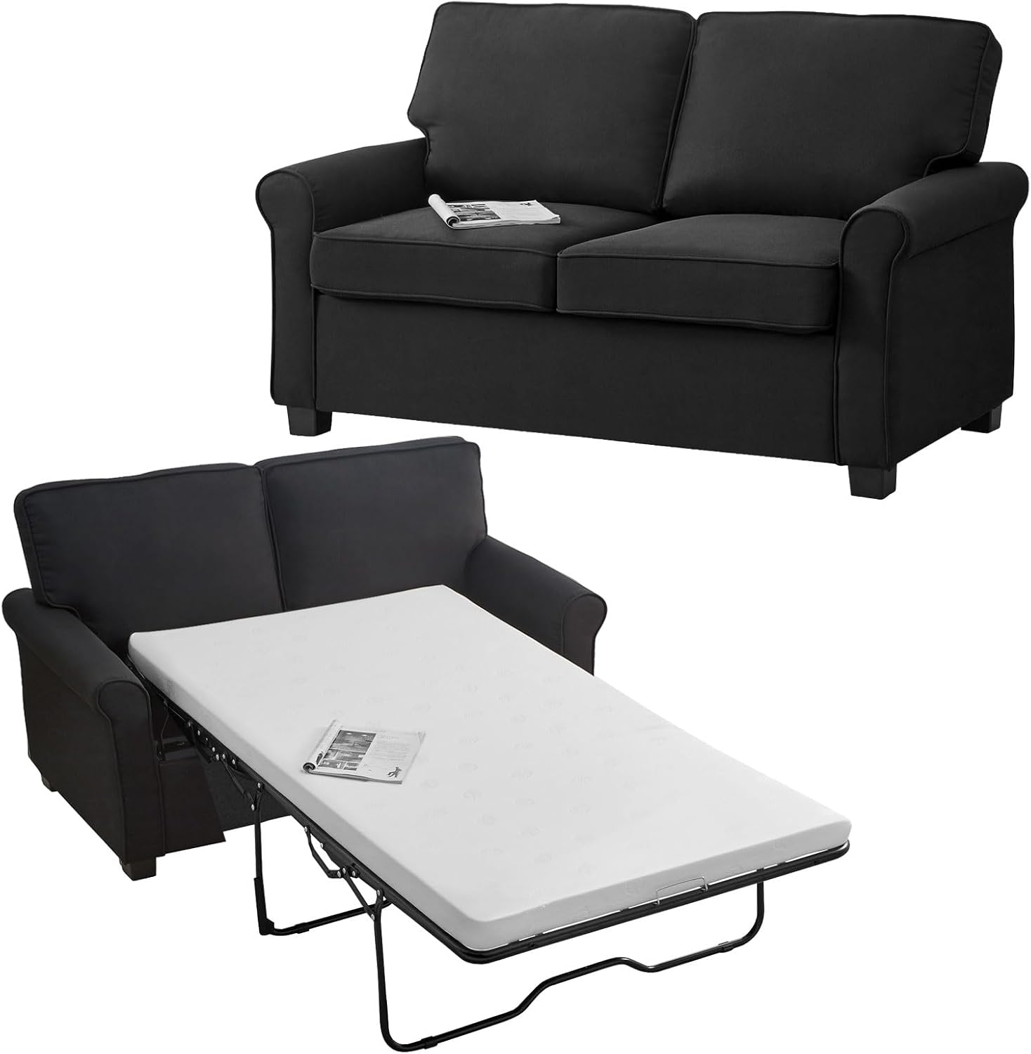 Pull Out Sofa Bed 73"+3" with Memory Foam Mattress Bed Frame, Linen Two Seat Loveseat 57", 2-in-1 Convertible Sleeper Couch,No Assembly Space-Saving for Living Room Office Apartment Black