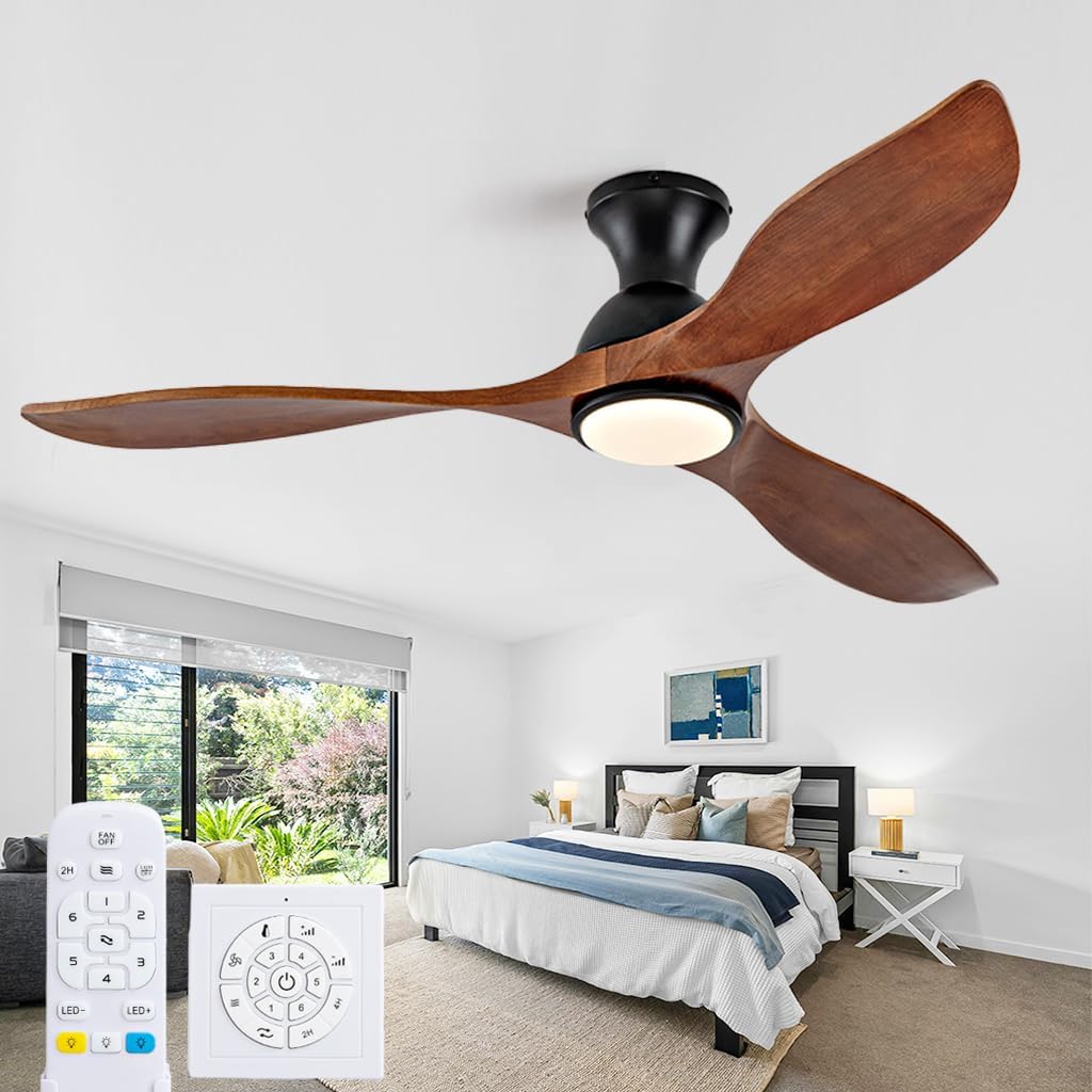 52 Inch Low Profile Ceiling Fans with Lights and Remote,Solid Wood Flush Mount 3 Blade Ceiling Fan,Dimmable,Quiet Noiseless DC Motor for Patios,Living Room,Bedroom(Wall Control Switch) 52 Inch Darkwood