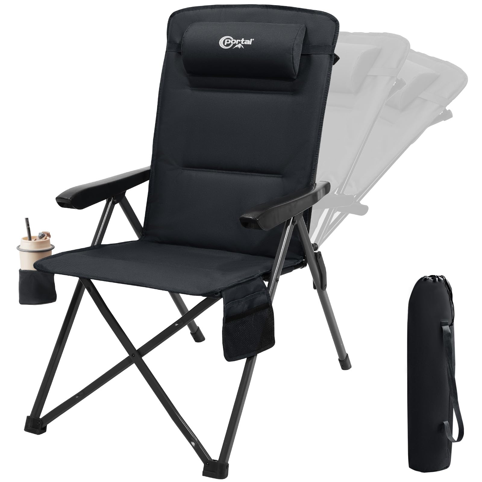 Portal Campingstuhl Faltbar Rückenverstellbar in 3 Positionen Klappstuhl 160 KG Belastbar Hohe Lehne Camping Anglerstuhl Gartenstuhl Liegestuhl Alu für Garten Balkon Picknick