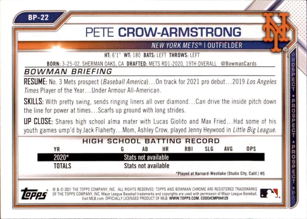 2021 Bowman Prospects #BP-22 Pete Crow-Armstrong New York Mets MLB Baseball Card NM-MT