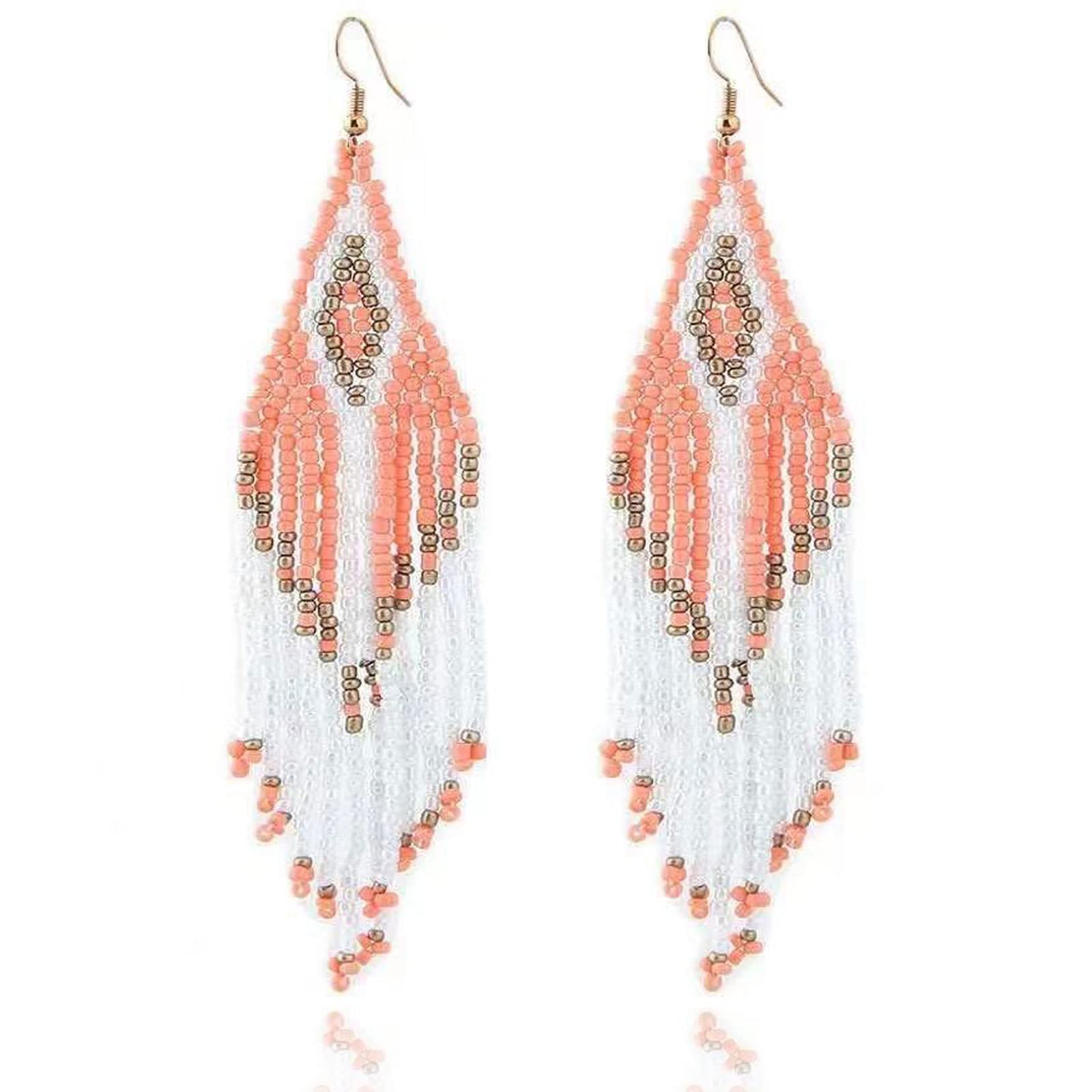 Tassel Earrings for Women Boho Indian Earrings Handmade Seed Beaded Earrings for Teen Girls Statement Long Fringe Earrings Native American Dangle Earrings, Metal, other