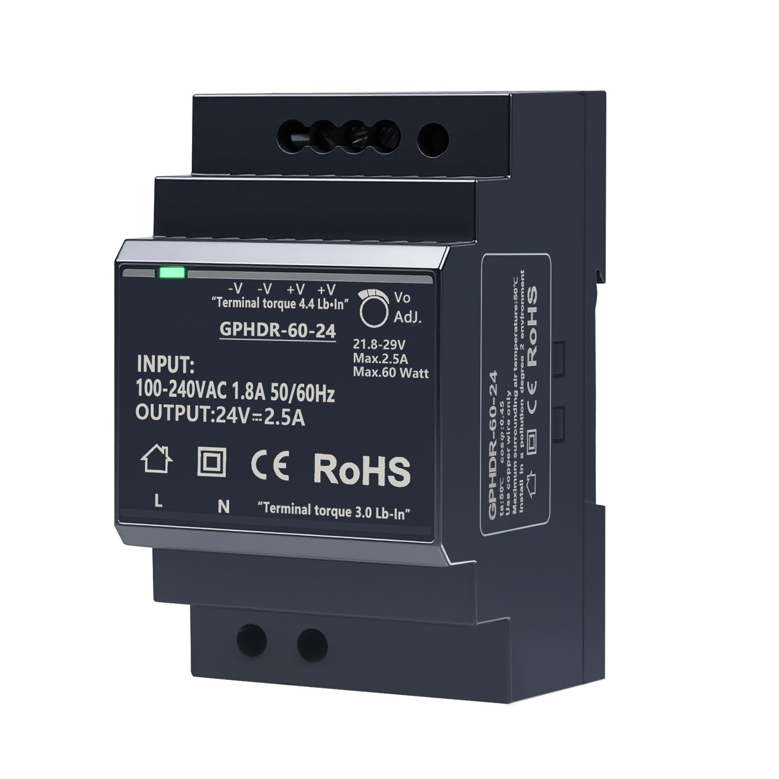 Fuente alimentacion 24v DIN 2.5A 60W hdr-60-24 din riel Entrada 100-240V CA, salida constante 24V CC/2.5 A con protección contra sobretensión sobrecarga sobrecorriente y cortocircuito.