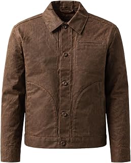 Men's Waxed Canvas Trucker Jacket, Brown, Button-Front, Vintage Style, Chest Pocket