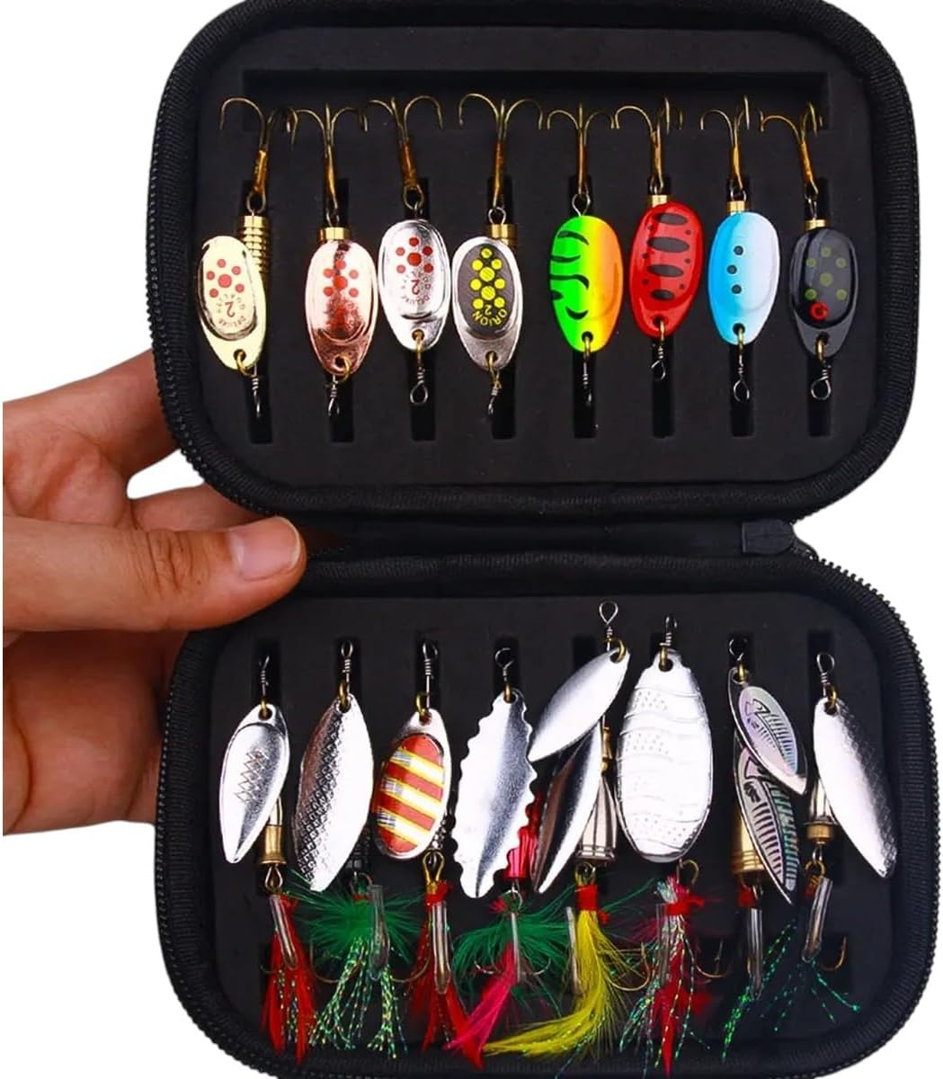 mWHITE-16pcs Fishing Lures Metal Spoon Spinner Kit Spinnerbait Artificial Bait Bass Pike Perch Freshwater Gear Tackle