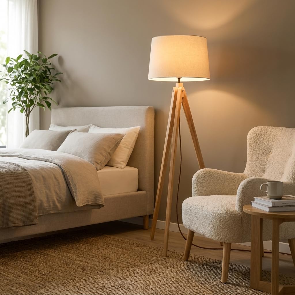 BARCELONA LED NASHUA Stehlampe mit Holzstativ und weißem Stoffschirm – Skandinavische nordische Stehleuchte mit E27 Fassung, minimalistisches Design für Wohnzimmer, Schlafzimmer