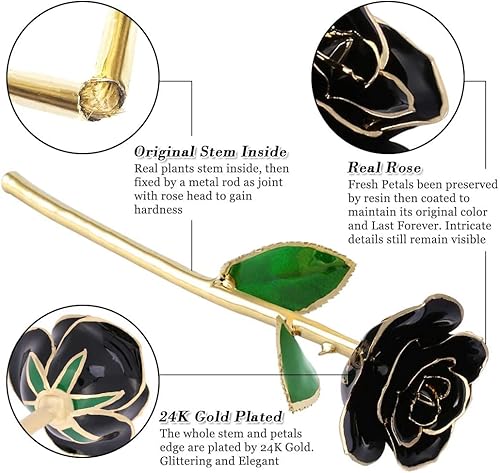 Miniatura 9 de Rosa negra chapada en oro de 24 quilates, regalo de rosa real preservada por siempre para amante, mamá, esposa, hija, novia, regalo único en
