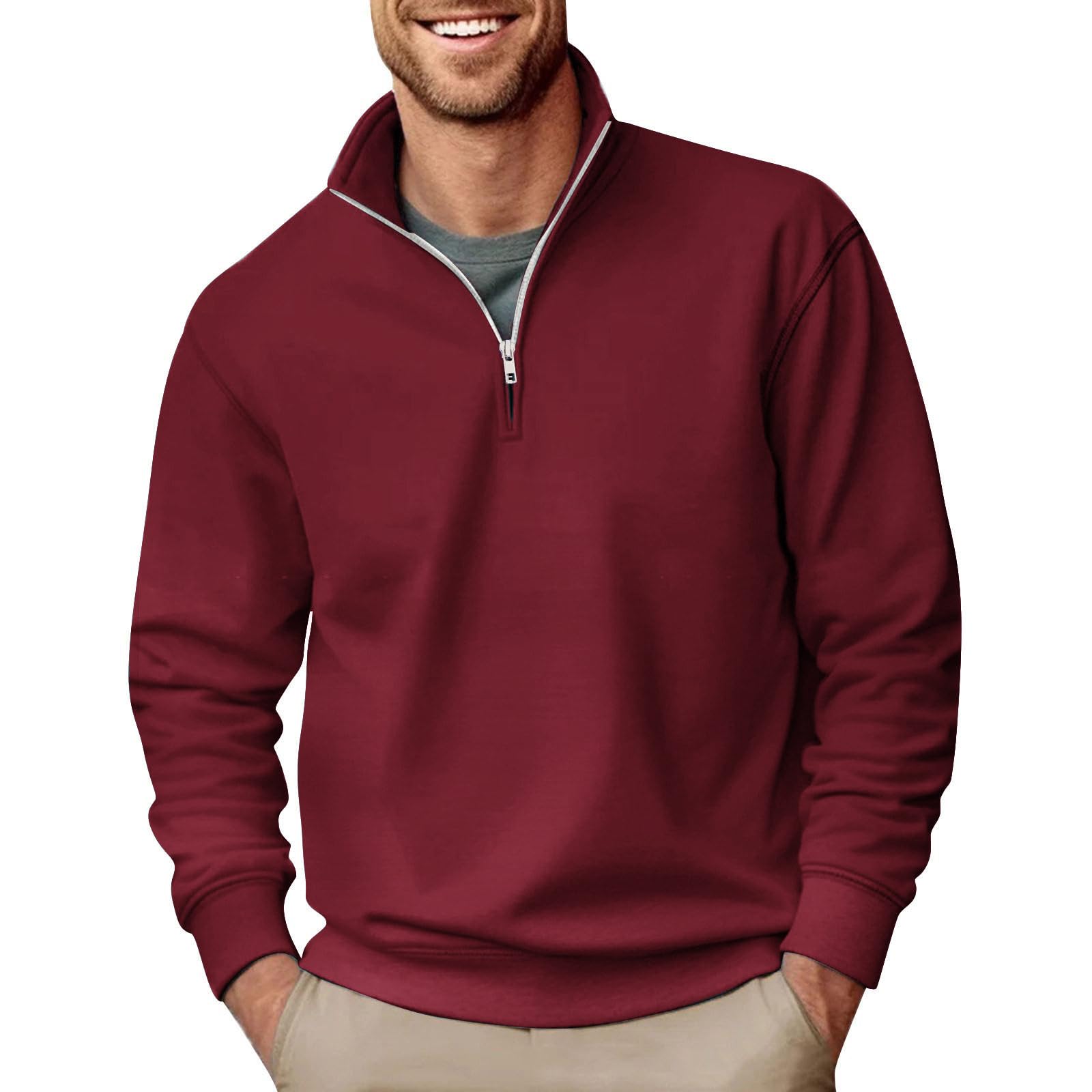 Homme Zip Pull Casual Manches Longues Polo Sweatshirt Sportswear léger Jumper col Rond Basic Top Casual T-Shirt