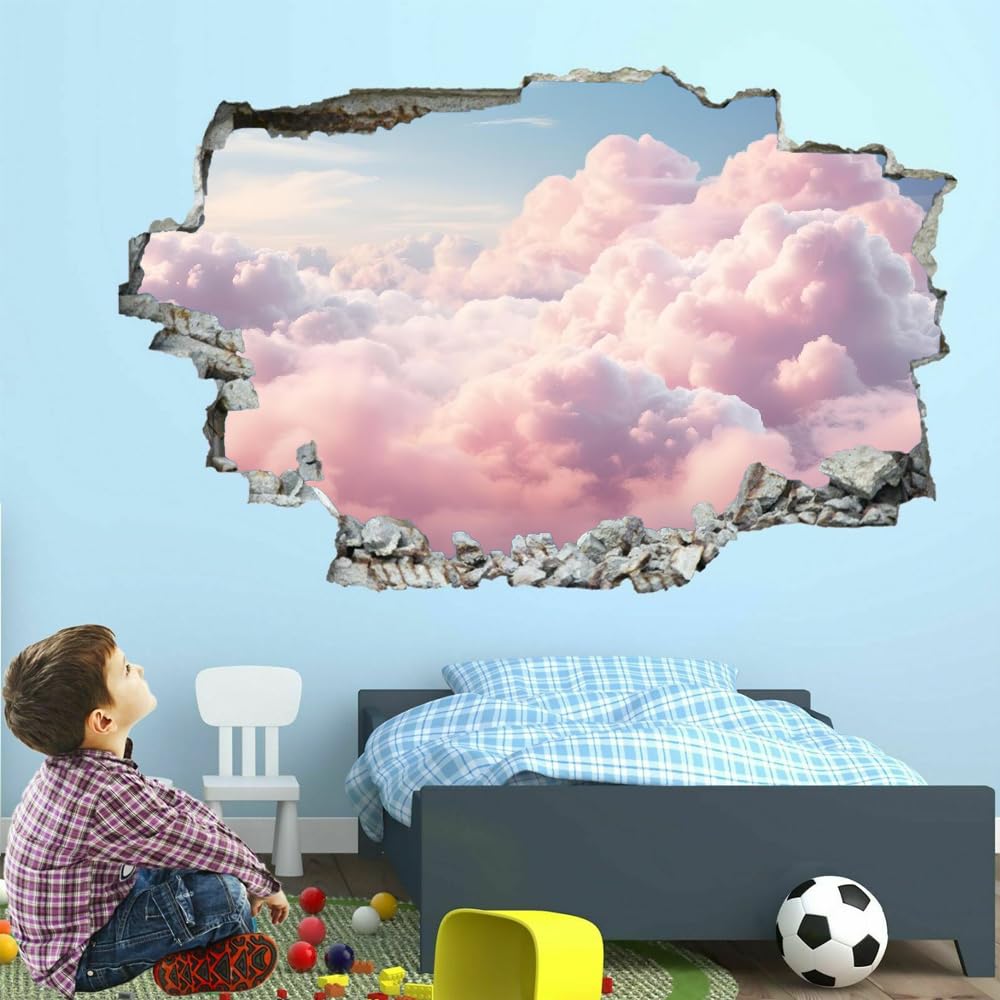 Pegatinas De Decoración De Pared 3D Roto Nube Rosa Pegatina De Pared Cielo Azul Paisaje Natural Tatuaje De Pared Para Decoración De Pared De Guardería, Sala De Estar, Decoración Del Hogar 120x80cm