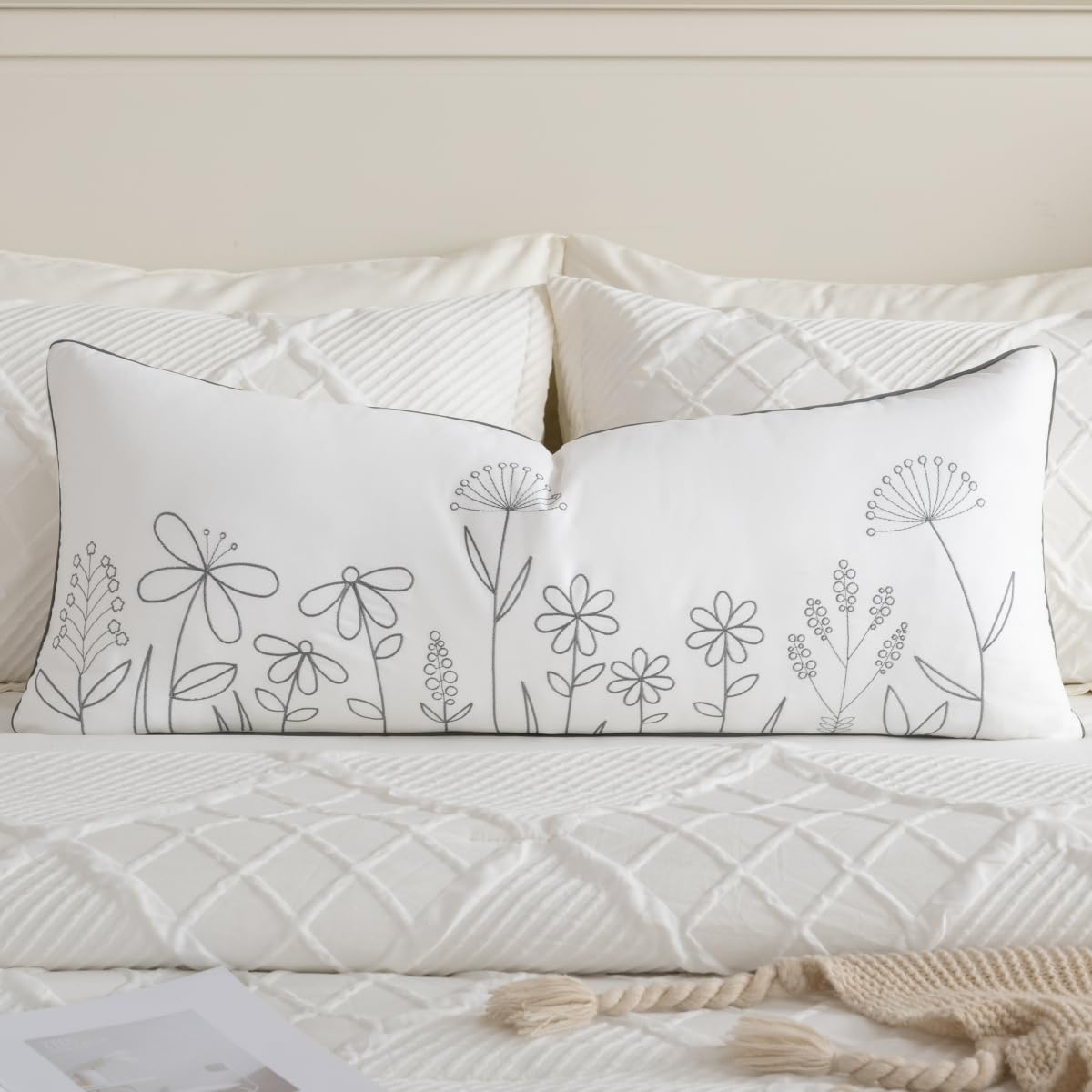 Sunkifover Floral Throw Pillow Cover 14x36 Inch Cotton Embroidery Rectangular Cushion Cover White and Grey Lumbar Decorative Farmhouse