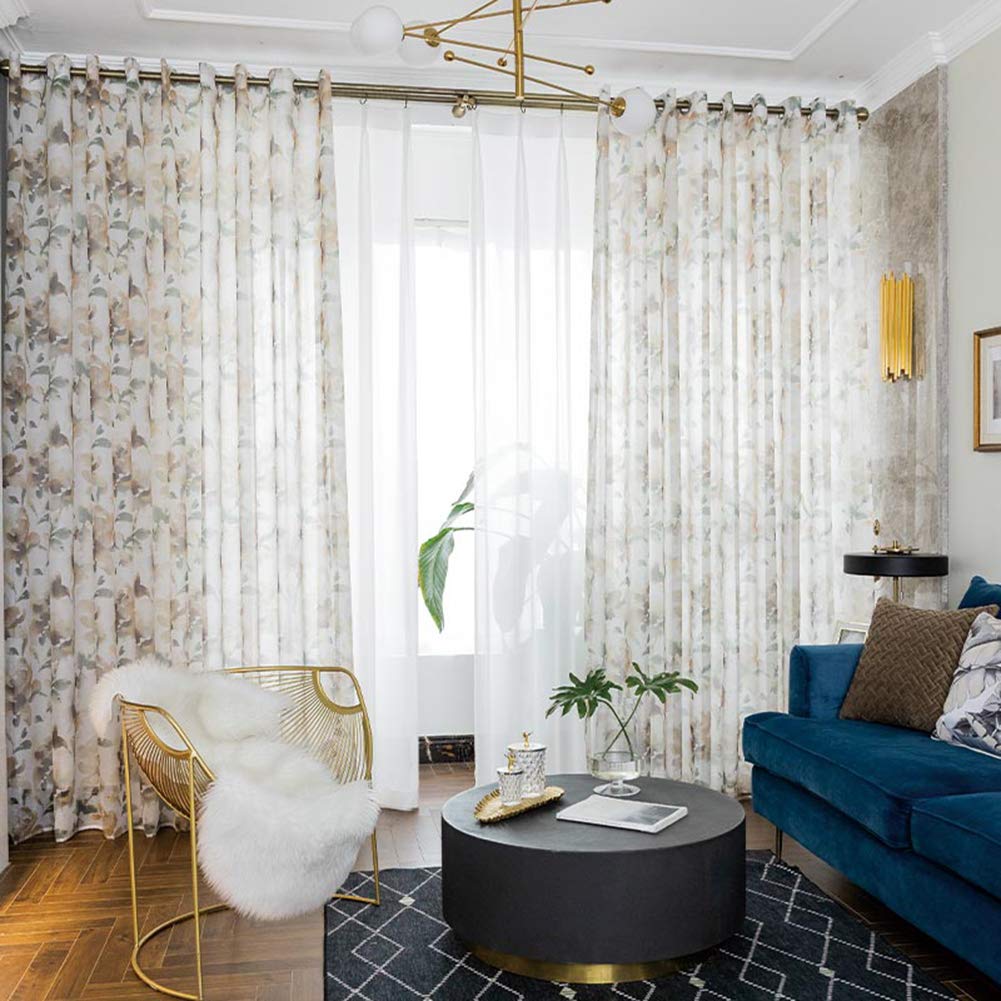 Tende in voile trasparente con stampa floreale retrò velato tende con occhielli per soggiorno, camera da letto, balcone, 2 pannelli, marrone, 170 x 190 cm