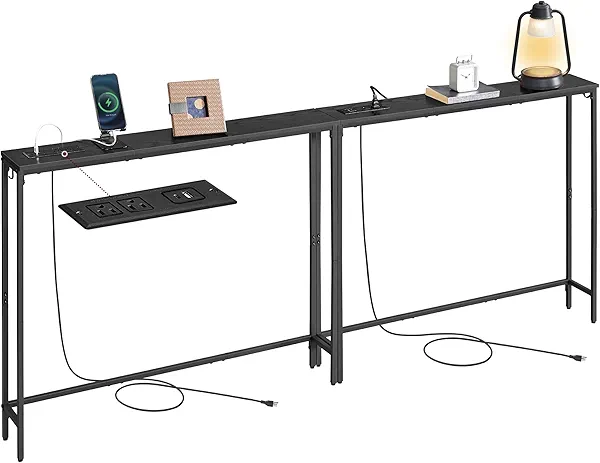 VASAGLE Set of 2 Console Tables with Power Outlets, Slim Behind Couch Sofa Tables, 5.9 x 39.4 x 31.5 Inches, 2 Hooks, Easy Assembly, for Entryway, Living Room, Ebony Black and Ink Black ULNT078B01