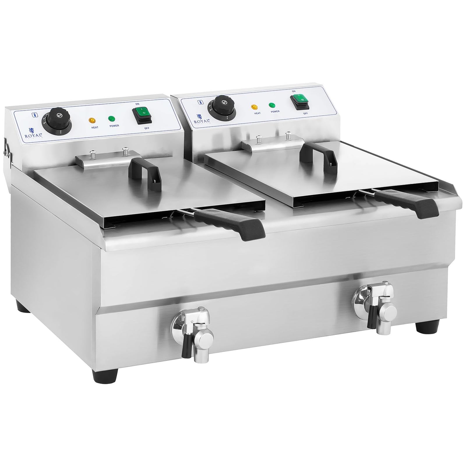 Royal Catering Friteuse Électrique 2 x 3 200 W, 2 x 16 l Au Total / 2 x 12 l D’Huile, Thermostat, 2 Robinets, Acier Inoxydable, De Restaurant Double Professionnelle Commerciale