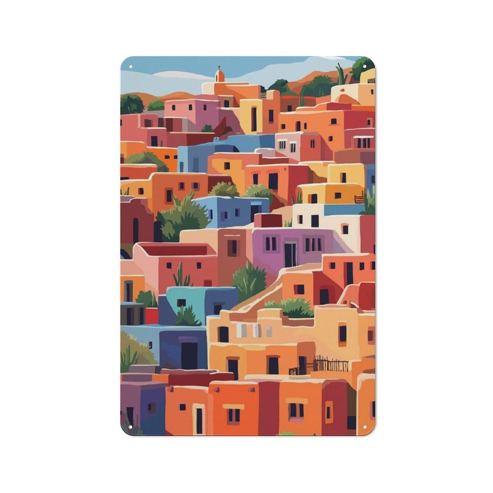 Junmoney Colorful Mexican Village Minimalist Art Illus Tin Wall Plaque 30X20cm With Tration For Garage Or Workshop, For Living Room, Hallway And Entrance Wall Decor